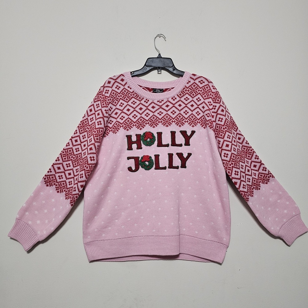 Women's Sweater 2X Red Pink Long Sleeves Crew Round Neck Holly Jolly New 1138